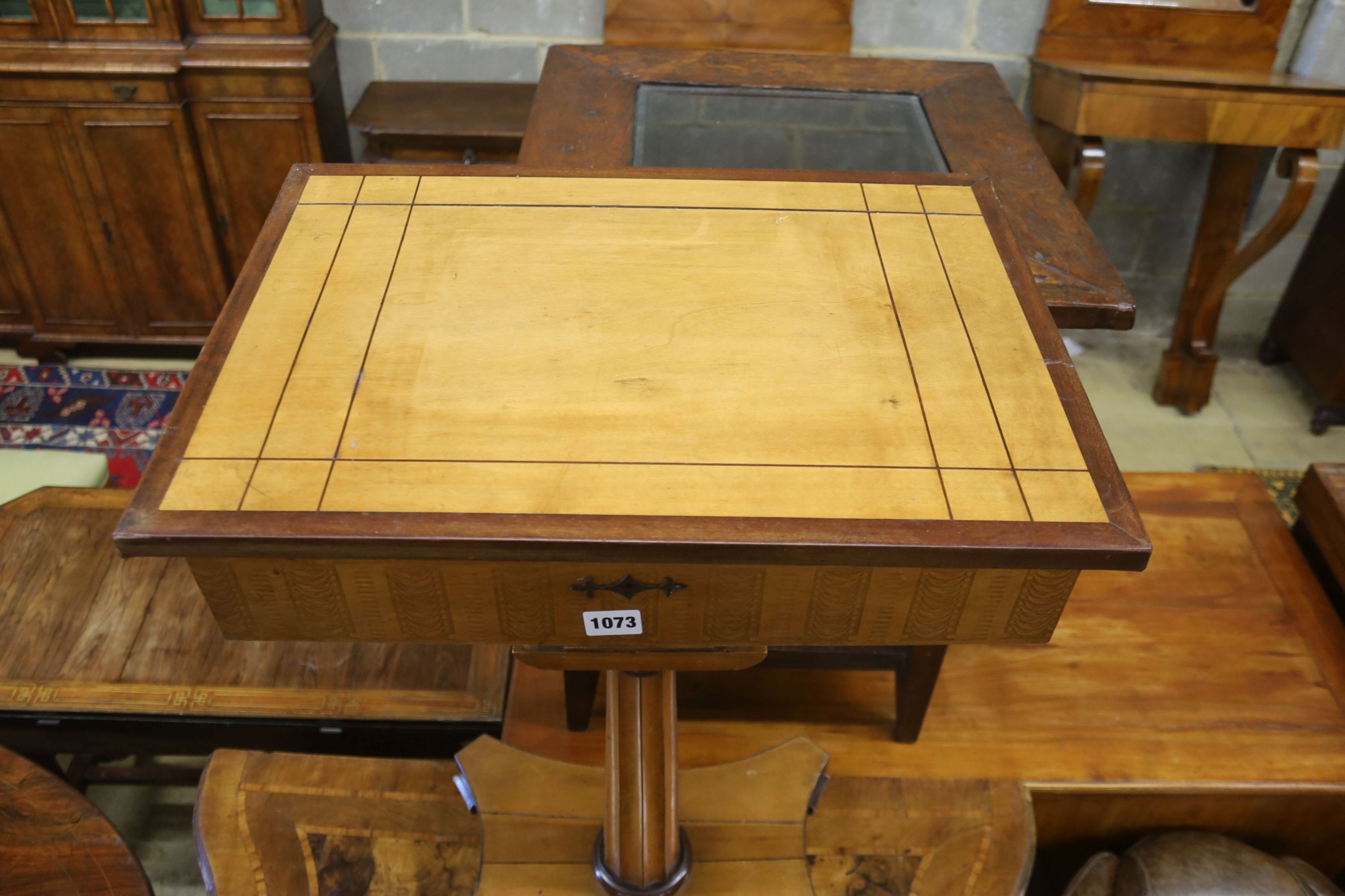 A 19th century Continental satin birch work table, width 52cm, depth 36cm, height 79cm
